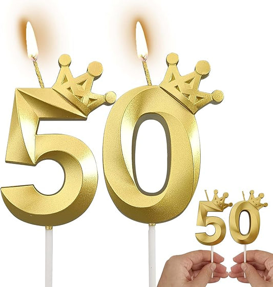 The Number 50 Gold Birthday Candles for Cake is Beautiful Number Candles for 50th Birthday Decorations for Man and Women (Gold-50, Crown)