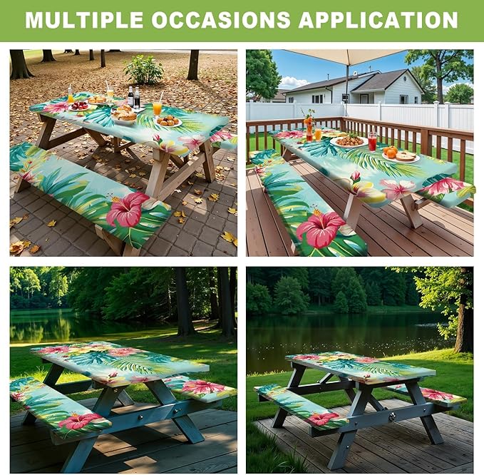 ANNA QUEEN Summer Flowers Picnic Table Cover 6FT with Bench Covers Picnic Table Cover Set 3PCS 72"x30", Outdoor Bench and Tablecloth Furniture Protection