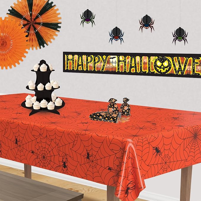 Beistle Spider Web Tablecover, 54” x 108”- Creepy Cobweb Plastic Rectangular Halloween Tablecloth Decoration for Spooky Party, Haunted House, Or Costume Bash