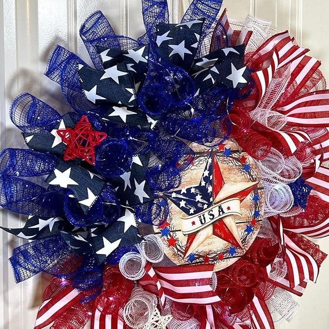 5 Rolls Patriotic Mesh Ribbon for Wreath, 10 Inch x 30FT Per Roll Metallic Foil Deco Mesh Rolls Red White Navy Blue Decorative Mesh for 4th of July Independence Day Memorial Day Party Decor