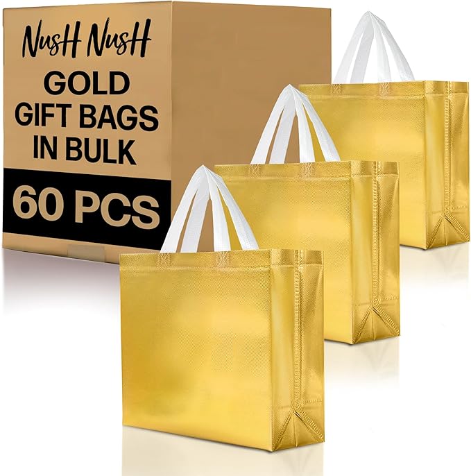Nush Nush Shiny Large Gold Gift Bags Bulk - Set of 60 Gold Reusable Gift Bags with Handles- Ideal For Small Business, Mothers Day, Thanksgiving, Birthday Party Favor, Corporate Gifts - 13Wx5Dx11H