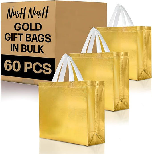 Nush Nush Shiny Large Gold Gift Bags Bulk - Set of 60 Gold Reusable Gift Bags with Handles- Ideal For Small Business, Mothers Day, Thanksgiving, Birthday Party Favor, Corporate Gifts - 13Wx5Dx11H