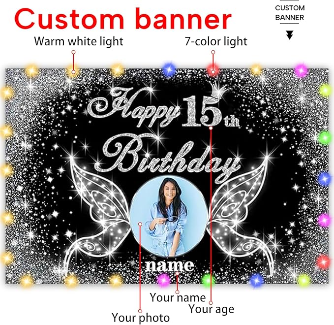 Dicodes Custom Happy Birthday Party Decoration Banner - Angel Wings Theme - Black and Silver
