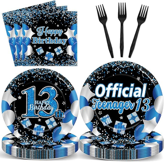 Qyeahkj 100 Pcs 13th Birthday Decorations for Boys Official Teen Supplies Plate Napkin Forks Set Disposable Blue 13th Birthday Tableware Paper Plates Dinnerware for Kids Teenager Favors Serve 25