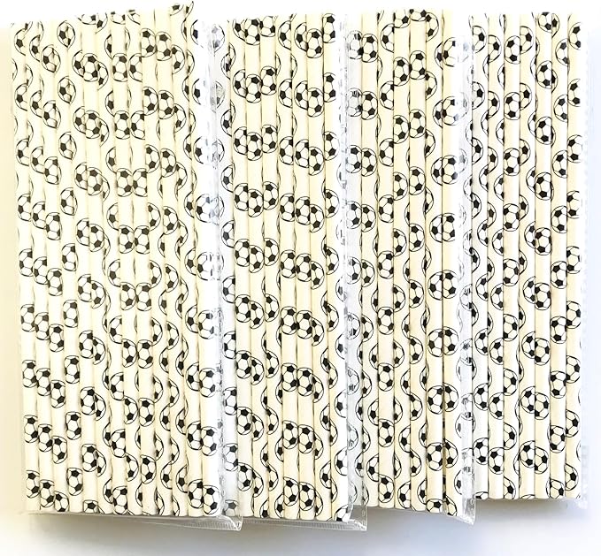 100 pcs Sports Party Paper Straws, Black White Soccer Football Bar Soda Juice Drinking Straws, Kids Teen Boy Birthday Baby Shower Game Day Restaurant World Cup Cake Pop Sticks (White With Soccer)