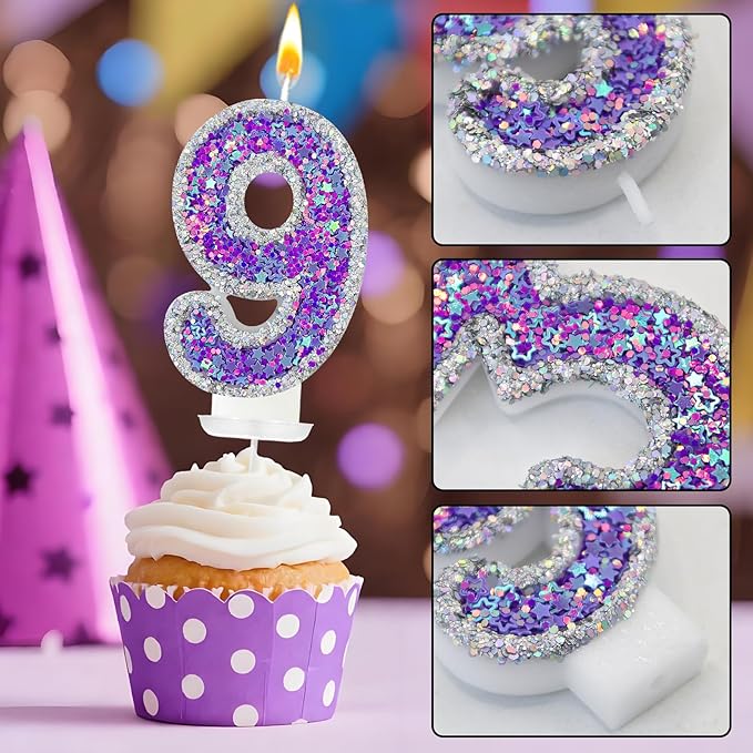 K-pop Number 9 Birthday Candle, Star Glitter Filled Number Candle, Purple Silver Fantasy Cake Topper for Birthday Party Decoration