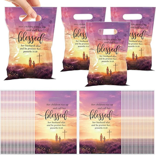 MOIZYNG 50Pcs Mothers Day Gift Bags with Handles, Christian Religious Bible Verse Plastic Candy Treat Goodie Bags for Women Mom Mother's Day Church Party Favors Supplies
