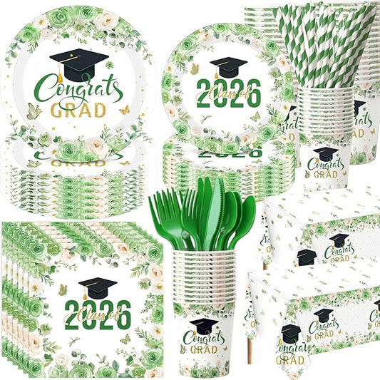 Funnymoom 452 Pcs Class of 2026 Green Gold Floral Graduation Decoration for 50, Sage Green Congrats Grad Paper Plates Napkins Cup Tablecloth Cutlery Straw for Graduated Decoration Party Supply