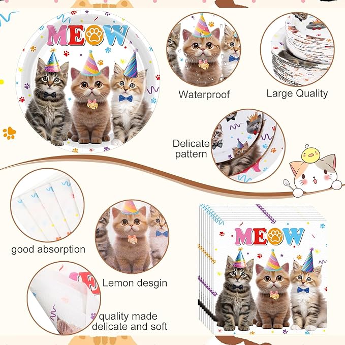 Funnymoom 452 Pcs Cat Birthday Party Decorations for 50 Guests, Cat Paper Plates Napkins Cups Tablecloth Cutlery Straws Disposable Tableware Set for Kitten Lover Birthday Party Supplies