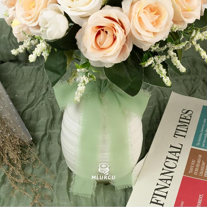Sage Green Chiffon Ribbon - 1 Inch x 21 Yards, Handmade Fringe, Silk, Boho Frayed, for Gift Wrapping, Wedding Invitation, Bridal Flower Bouquets