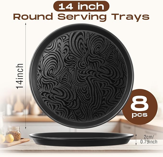 Zopeal 8 Pcs 14 Inch Round Restaurant Serving Trays Non Slip Surface Black Serving Plastic Food Meals Server Tray for Halloween Party Bar Restaurant Cocktail Cafeteria