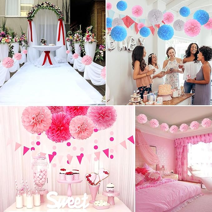 Qimoo 20pcs Rose Paper Pom Poms Decorations - DIY Tissue Paper Flowers for Party Wedding Decoration