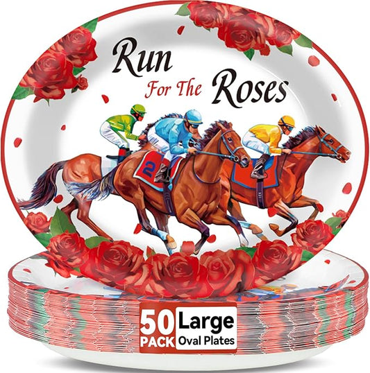 Qyeahkj 50 PCS Kentucky Horse Oval Paper Plates Large 11” Disposable Derby Day Horse Racing Party Decorations the Roses Supplies Favor for Kentucky Horse Party Tableware Set
