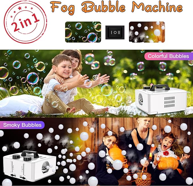 Wisdomlit Fog Bubble Machine, 2-in-1 Smoke Bubble Blower, 400W No-Spill Smoke Bubble Maker, 8000+ Colorful Bubbles | Fog Bubbles for Indoor Outdoor Birthday Halloween Party (White)