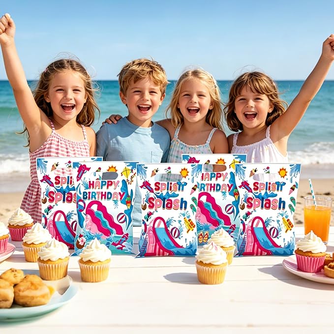 MOIZYNG 50Pcs Splish Splash Summer Birthday Gift Bags with Handles, Pink Splish Splash Happy Birthday Plastic Candy Treat Goodie Bags for Summer Pool Party Favors Supplies