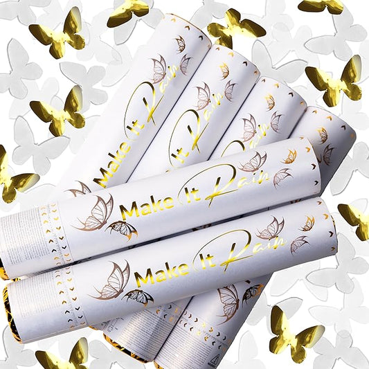 PrimePure Confetti Cannon Party Poppers - Butterfly White Confetti Poppers - 6 Pack - White Paper & Gold Butterfly Pop Gun for Wedding Send Off, Bridal Shower, Graduation, Birthday, Parties