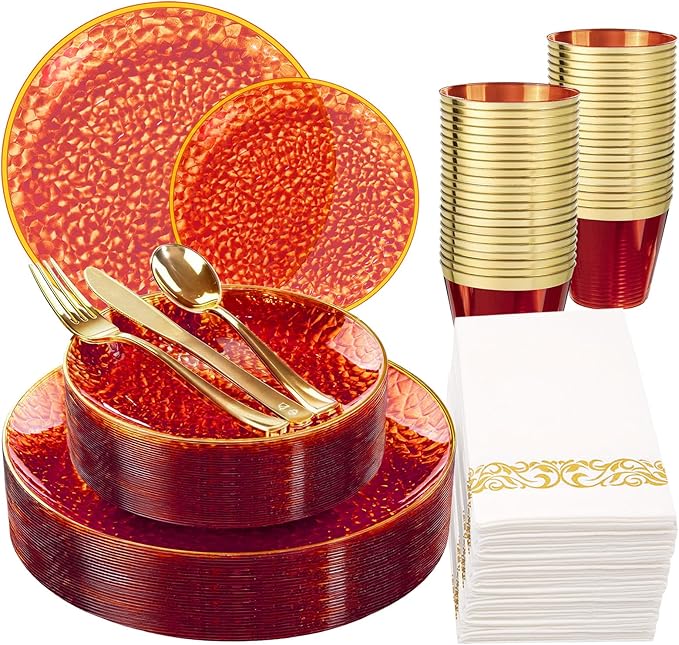 Rubtlamp 175 Pcs Plastic Dinnerware Set (25 Guests), Red And Gold Plastic Plates, Hammered Party Plates Set Include Dinner Plates, Dessert Plates, Cups, Cutlery Set And Napkins for Wedding And Party
