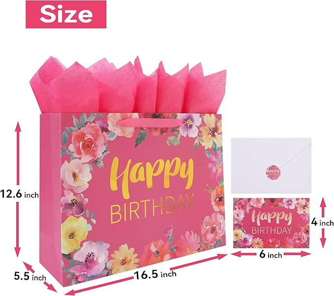 Qirrmiy 16.5'' Extra Large Happy Birthday Gift Bag Set with Handles, Greeting Card, Tissue Papers and Stickers for Women Girls, Gold Foil Happy Birthday & Floral Design, 1 Pcs
