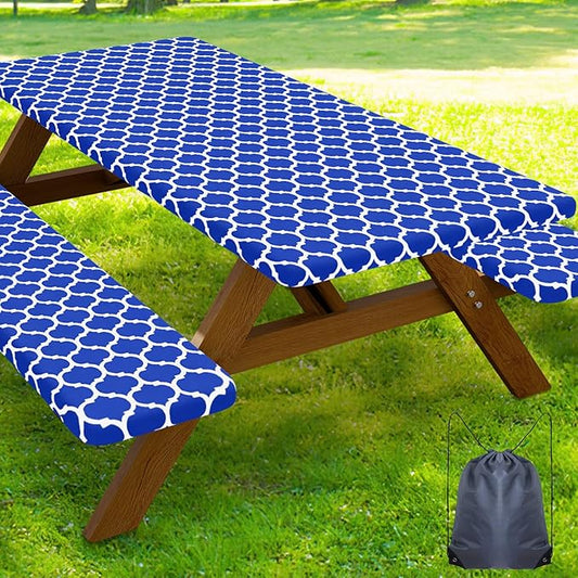 Smiry Picnic Table Cover with Bench Covers, Waterproof Elastic Fitted Tablecloth for 8 Foot Tables, Washable Polyester Tablecloths for Camping, Indoor & Outdoor (Blue, 30x96 Inch 3-pc Set)