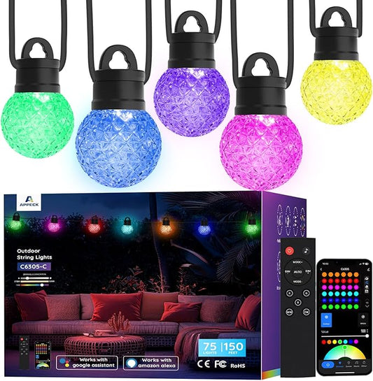 APPECK Outdoor String Lights 150ft, RGBW Color Changing Patio Lights with 75 Dimmable LED Bulbs, 111 Scene Modes, IP65 Waterproof Lighting for Outside, Party, Backyard, Pool, Compatible with Alexa