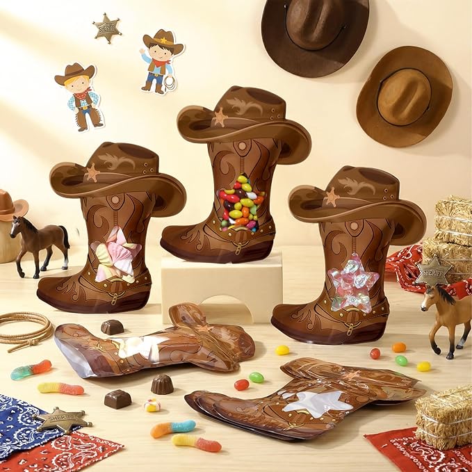 Resurhang 60 Pcs Cowboy Boots Zipper Treat Bags Wild West Food Goodie Gifts Bags Resealable Western Theme Party Snack Candy Containers for Cowboy Birthday Bachelorette Baby Shower Supplies