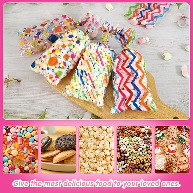 Docvania Cello Cellophane Treat Gift Bags Rainbow Cookie Bags 100 pcs 5 X 11 Goodie Bag with Ties for Mother's Day, Valentine's Day and Parties, Weddings