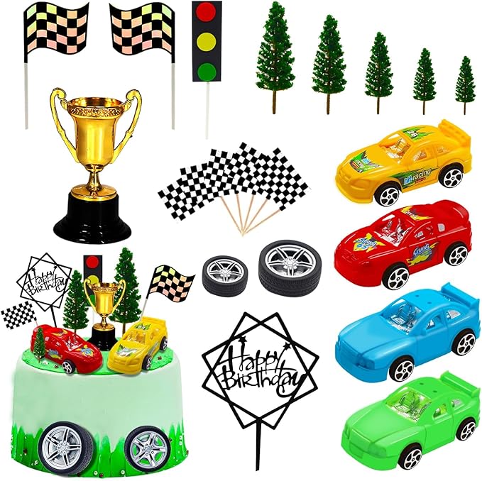MEMOVAN Racing Car Cake Decorations 38pcs Racing Car Cake Topper Birthday Cake Decoration for Boy's Kids Racing Car Theme Birthday Supplies Party Favors