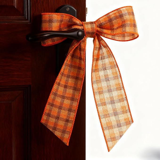 Meseey 4 Inch x 10 Yards Orange Brown Beige Plaid Wired Ribbon, Fall Burlap Wired Edge Ribbons for Large Wreaths, Big Bows, Gift Wrapping, Thanksgiving & Halloween Outdoor Decor (Brown/Orange)