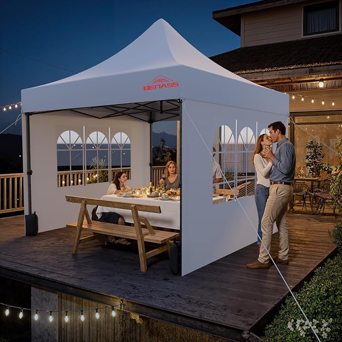 10x10 Heavy Duty Pop Up Canopy with 4 Sidewalls, 550D Commercial Easy Up Canopy Tent, Waterproof Outdoor Party Event Tent with Roller Bag, White