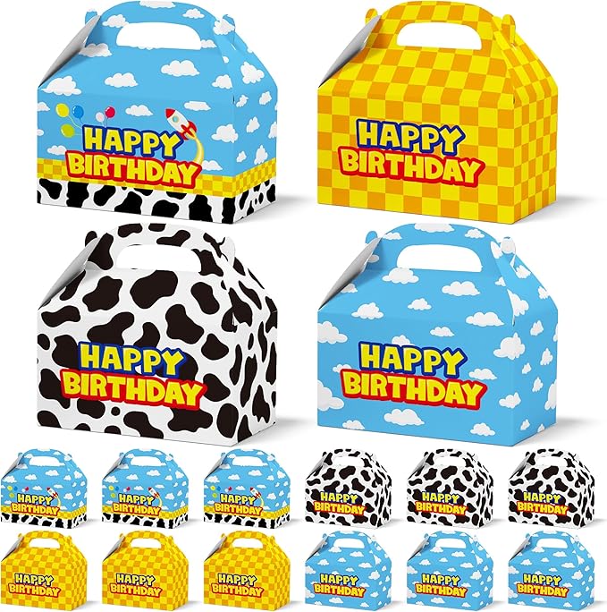 Bsenhe 16PCS Cartoon Gift Bag, Cartoon Birthday Decorations Goodie Bags Party Favor Boxes for Theme Birthday Party Supplies Sky White Cloud Cow Print Candy Bags