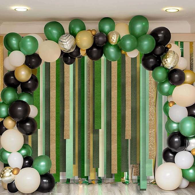 Camp Bachelorette Decorations, 12 Rolls Sage Green & Gold Crepe Paper Streamers for Green Boho Birthday Engagement Wedding Bridal/Baby Shower, Dinosaur Jungle Woodland Party