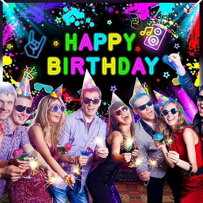 Neon Birthday Backdrop 7x5 ft Glow in The Dark Banner Neon Birthday Party Decorations Glow Photography Background Photo Booth Props