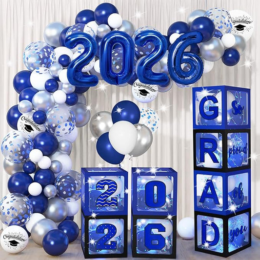 141Pcs Graduation Party Decorations 2026 Balloon Boxes Blue and Sliver Balloon Arch Garland Kit for College School So Proud of you Class of 2026 Graduation Party Supplies