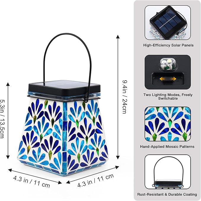 VOREEN Mosaic Solar Lantern, Colorful Mosaic Glass Decorative Lantern for Outdoor Garden & Patio, Tabletop or Hanging Solar Powered Light, Blue Petal Mosaic Design