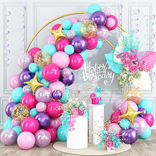HILAVO Pink Purple Blue Balloon Arch Kit Teal Hot Pink Metallic Purple Party Latex Balloon Garland with Confetti and Star Foil Balloons for Girls Princess Birthday Baby Shower Neon Party Decorations