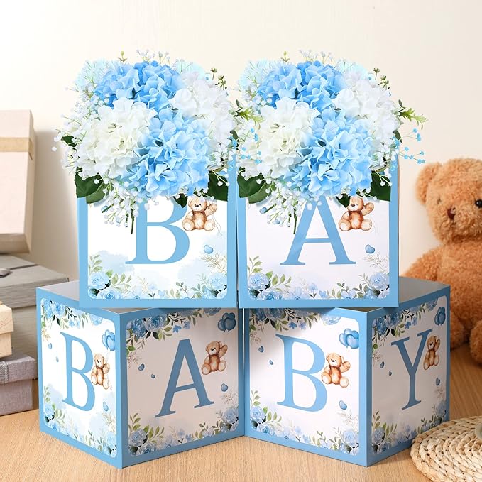 Bucherry 6 Pcs Baby Shower Centerpieces with Letters, 7" Baby Blocks Flower Boxes for Table Decorations, Gender Reveal Party Supplies & Photo Props(Blue,Blue Bear)