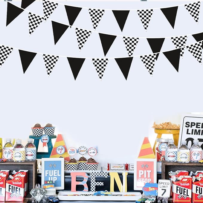 32Ft Racing Car Party Decorations Black White Checkered Race Car Triangle Banner Plaid Flag Pennant Fabric Garland Streamers for Kids Birthday Baby Shower NASCAR BBQ Bar Picnic Outdoor Decor Supplies