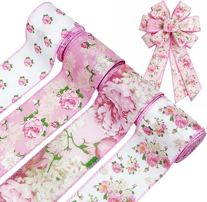 Pink Floral Ribbon with Wire, Vintage Rose Wired Ribbon for Bow Making, Wreath Craft, Gift Wrap, Spring Summer Holiday Wedding Birthday Baby Shower Party Home Decor,4 Rolls,2.5 Inch (Pink)