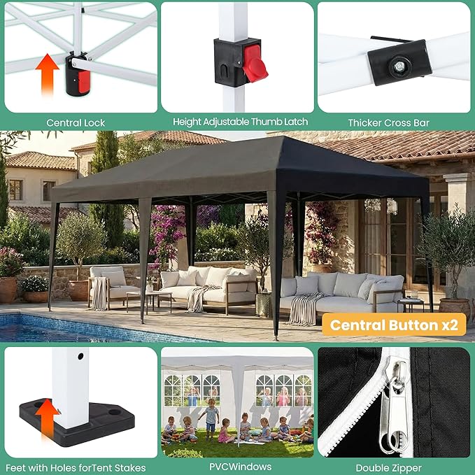 10x20 Pop Up Canopy Party Tent with 6 Sidewalls, Outdoor Wedding Party Tent Waterproof UV50 Commercial Canopy Event Shelter Gazebo Tents for Parties, 6 pcs Weight Bag,Carry Bag,Black