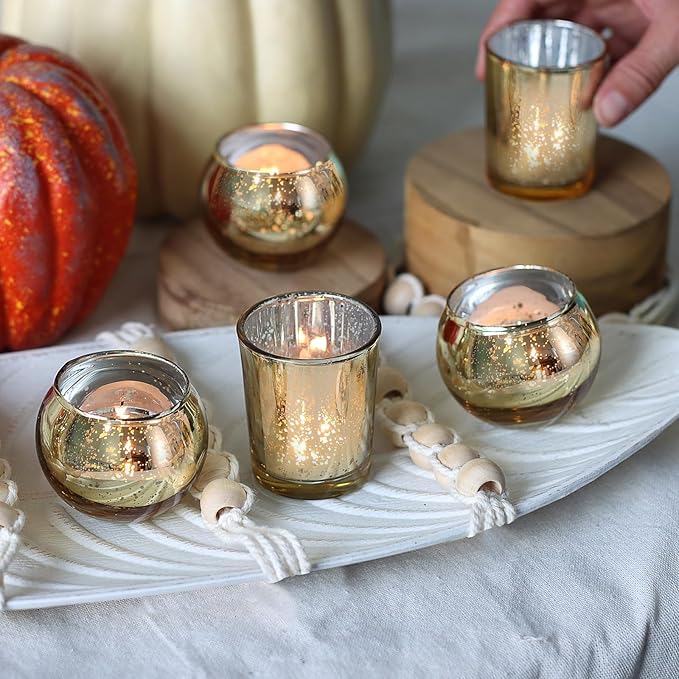 48pcs Assorted Gold Votive Candle Holders Bulk for Table Centerpieces,Mercury Glass Candle Holder for Tea Lights,Wedding Decorations, Christmas/Diwali Decorations for Home,Gold Party Supplies