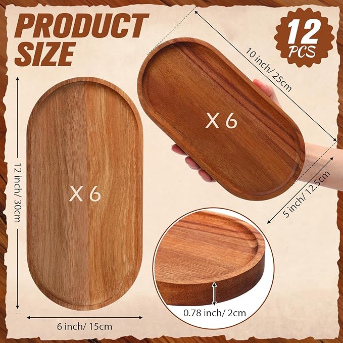 Geetery 12 Pcs Wood Serving Trays 10 and 12 Inch Charcuterie Boards Oval Wooden Plates Serving Platter Cheese Dinner Plates Bulk for Dessert Snack Bread Fruit Appetizer Dishes(Acacia Wood)