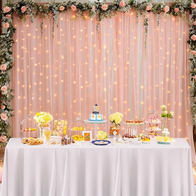 30x8ft Peach Tulle Backdrop Curtain with Lights String for Parites, Sheer Photo Backdrop Curtains for Easter Wedding Baby Shower Birthday Party Photo Shoot Decorations