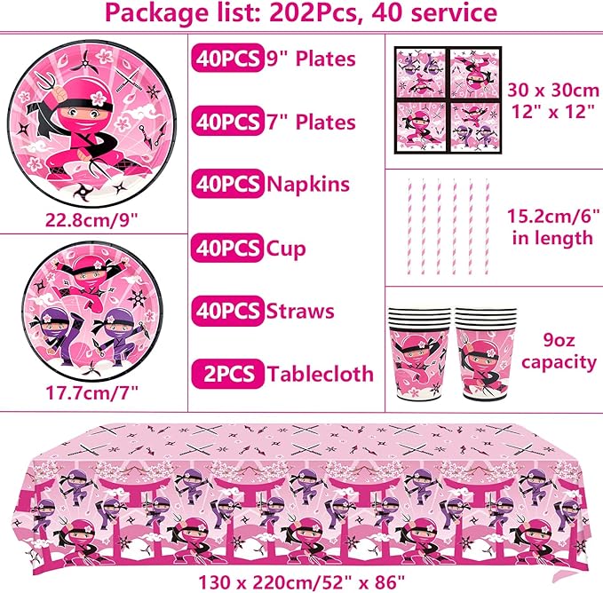 Ninja Girl Party Supplies - Party Tableware - Dinner Plates Dessert Plates Cups Napkins Tablecover Straws for Ninja Master Girls Princess Baby Shower, Serves 40 (40)