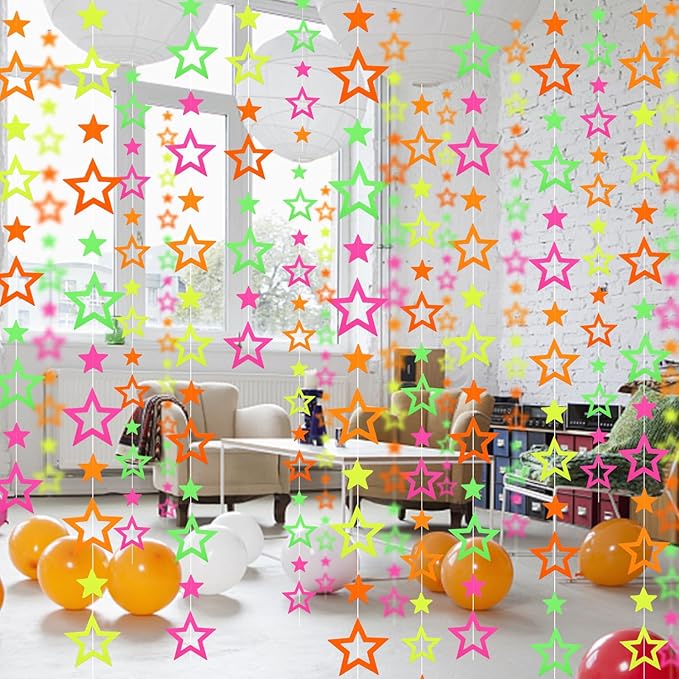 WELITTCON 102feet Neon Paper Garland Streamers Hollowed Star Black Light Decorations Glow Party UV Reactive Favors in The Dark Supplies for Wedding Birthday Garlands