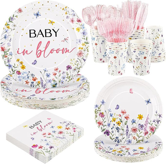 Kochorie 175 Pieces Wildflower Spring Floral Party Supplies Baby in Bloom Tableware Set 7 Inch & 9 Inch Paper Plates Napkins Cups Cutlery for Spring Picnic Baby Shower Decoration, Serve 25 Guests