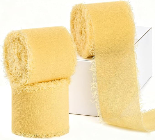 Cream Yellow Chiffon Ribbon 1.5" x 21 Yd Handmade Fringe Silk Chiffon Fabric Ribbon for Gift Wrapping Wedding Invitation Bridal Flower Bouquet DIY Crafts Home Decor
