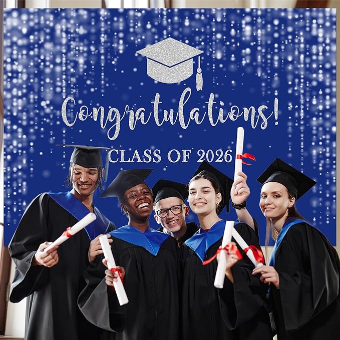 Mocsicka Class of 2026 Backdrop Blue Silver Glitter Bokeh Graduation Party Background 2026 Congrats Grad Prom Party Cake Table Decoration Photo Booth Props (8x6ft)