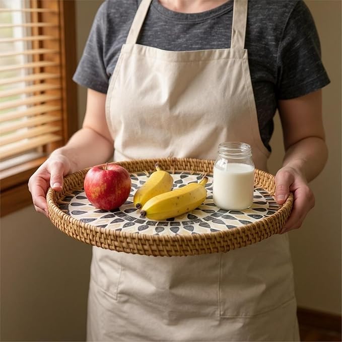 Round Rattan Tray with Mother of Pearl Inlay, Handwoven Wicker Fruit/Bread/Coffee Table Serving Basket Tray for Party Picnic Cafe Bedroom Kitchen Home Decor Set of 2 (Black Drop)