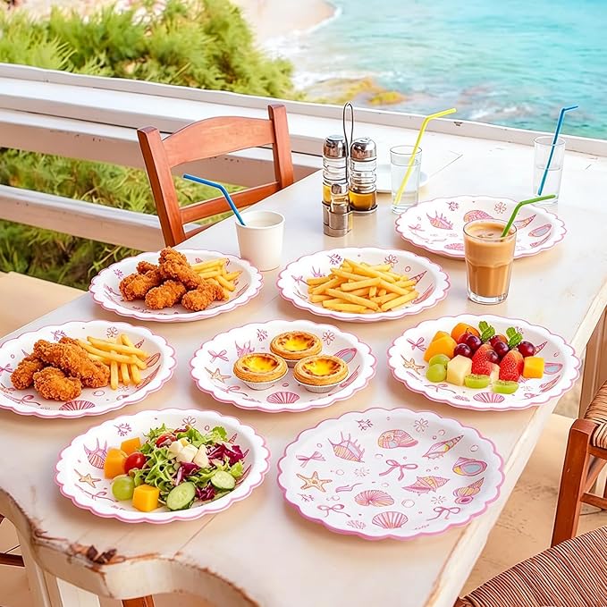 96pcs Scalloped Coastal Party Supplies Tropical Pink Bow Starfish Seashell Plates and Napkins Tableware Set Ocean Theme Party Decorations for Summer Beach Wedding Birthday Bachelorette for 24 Guests