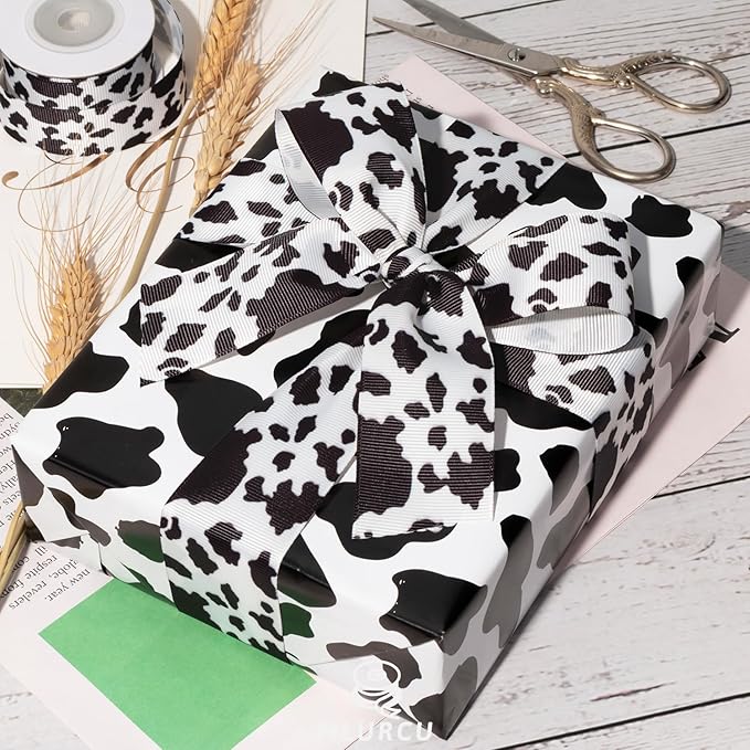 Cow Print Ribbon Set 3 Rolls Animal Print Grosgrain Ribbons 5/8", 7/8", 1.5", Western Farmhouse Barn Party Ribbon for Crafts, Gift Wrapping, Flower Bouquets, Wreaths & Bows, Gift Bag Decoration